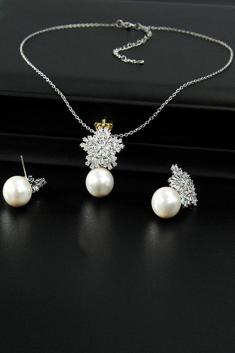 Snowflakes Shaped Pearl/Zircon Wedding Earrings/Necklace Jewelry Sets (Set of 2) 702536274457 - COCOMELODY
